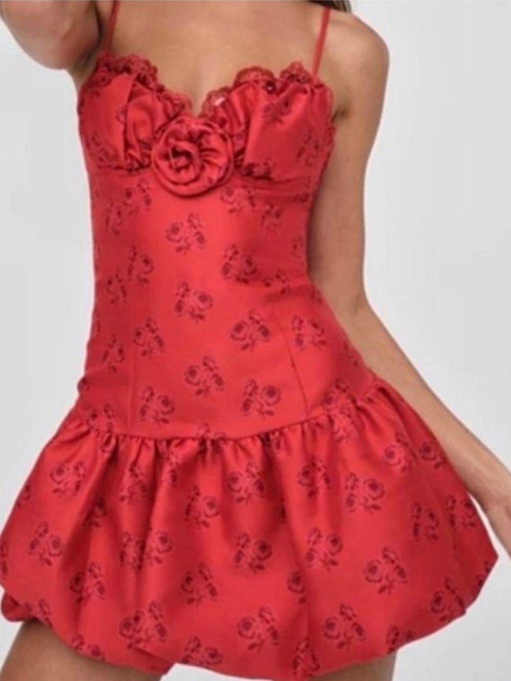 For Love And Lemons Red Floral Satin Mini Dress with Rosette
